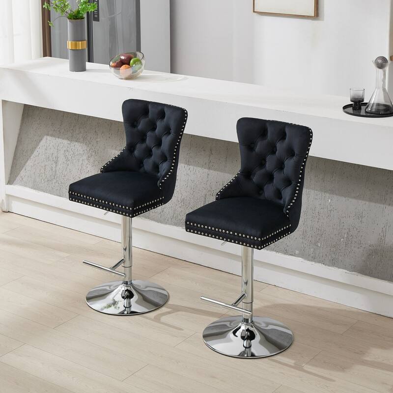 Thick Chrome Swivel Velvet Barstools,Adjustable Height,Modern Upholstered,Sponge&Spring（Set of 2)