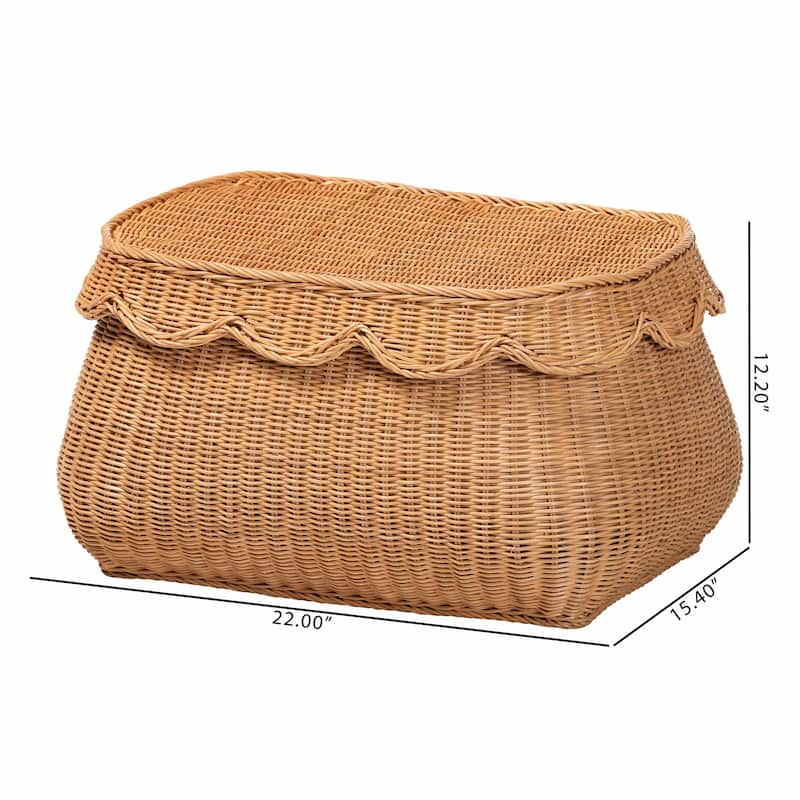 Ayleen Natural Rattan Basket with Scalloped Lid - Handwoven Wicker Storage Box, Boho Coastal Home Décor
