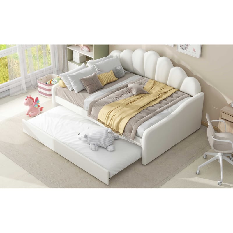 Full Size Upholstery Daybed Frame with Shall Shaped Backrest and Trundle, Beige