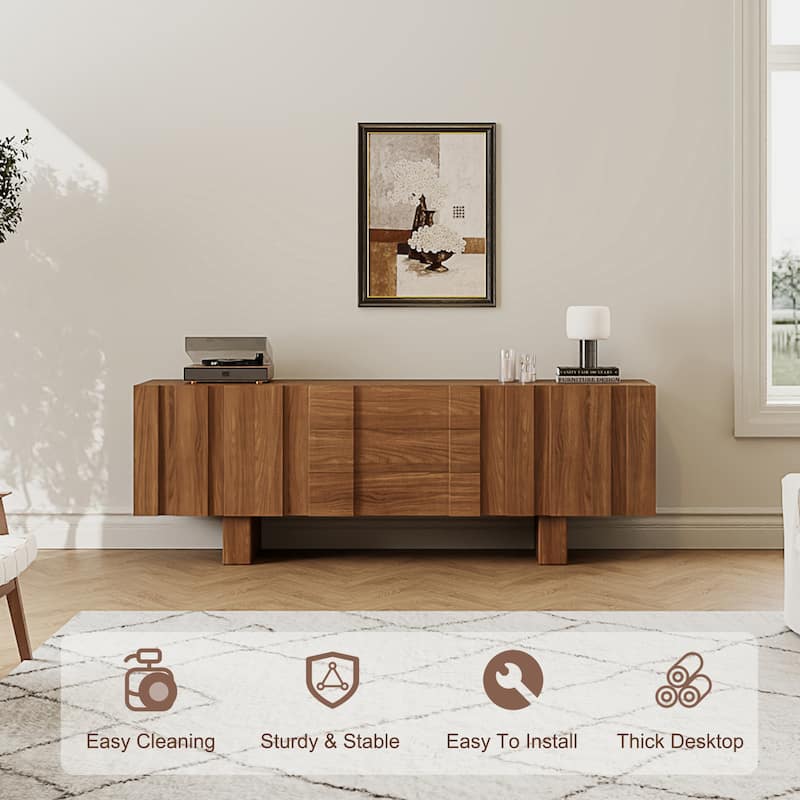 71" Mid Century Wood TV Stands, Brown Media Console with 3 Drawers and 2 Cabinets