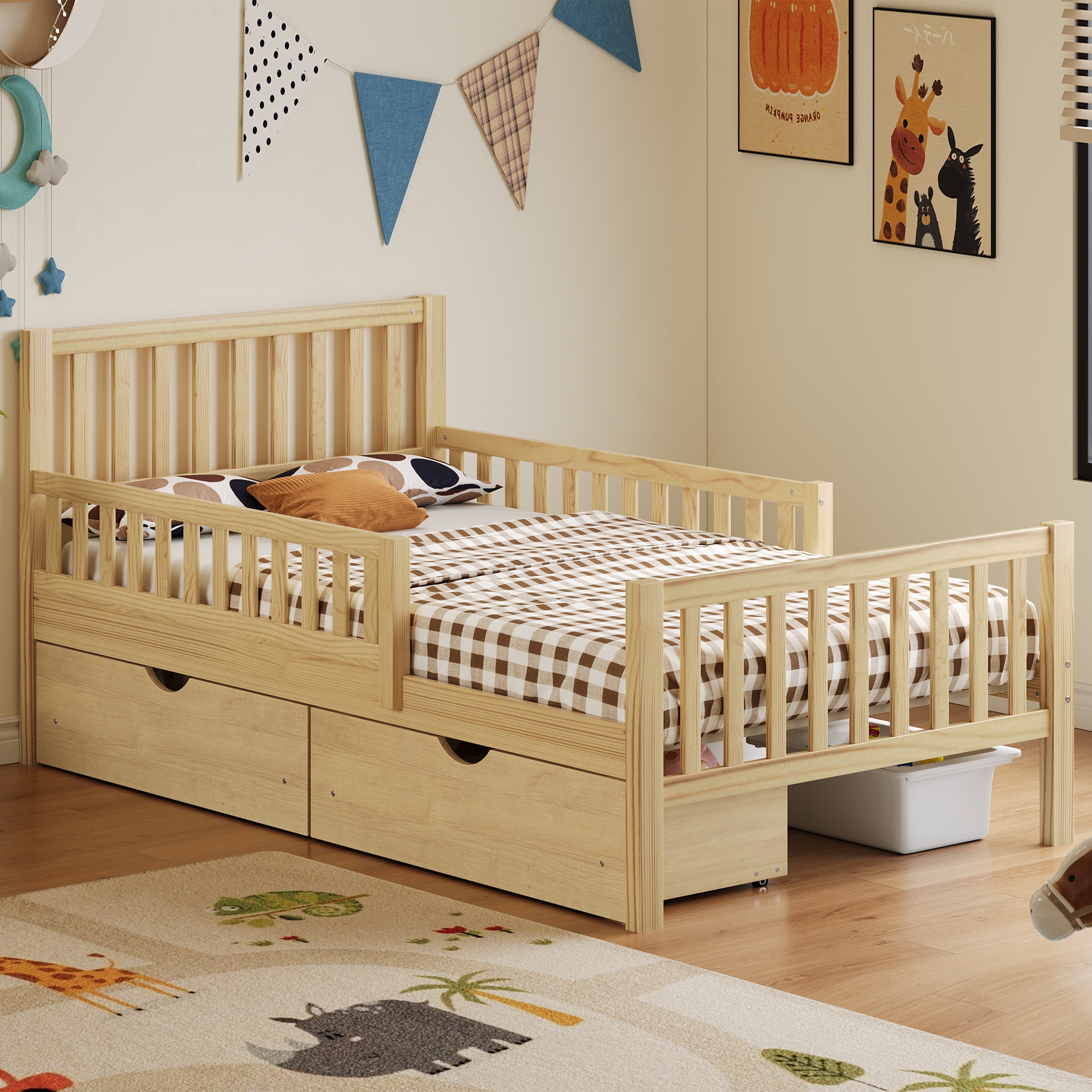 Twin Size Wood Platform Bed with Guardrails & Storage Drawers