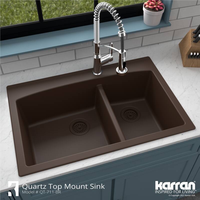 Karran Drop-In Quartz 33 in. 1-Hole 60/40 Double Bowl Kitchen Sink Kit