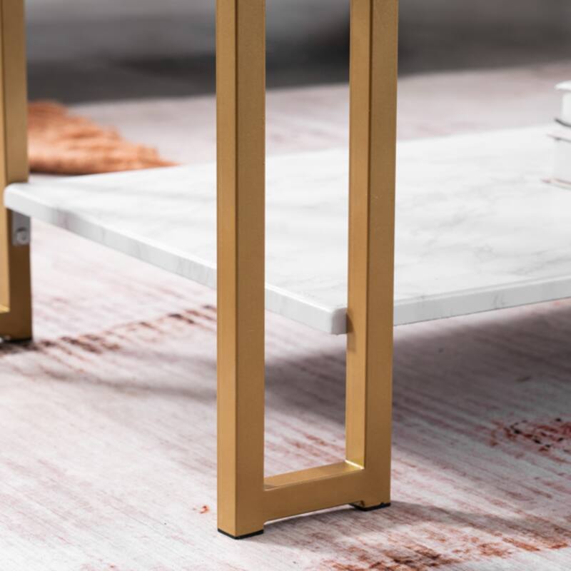 White and Gold Rounded Coffee Table with Faux Marble Top and Metal Legs Perfect for Living Room - 39.73 x 20.08 x 18.11