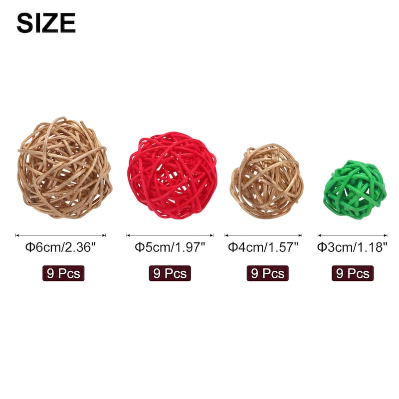 36 Pcs Vase Filler Decorative Balls, 2.4/2/1.6/1.2" Wicker Rattan Decor, Balls Bowl Fillers - Gold/Red/Green