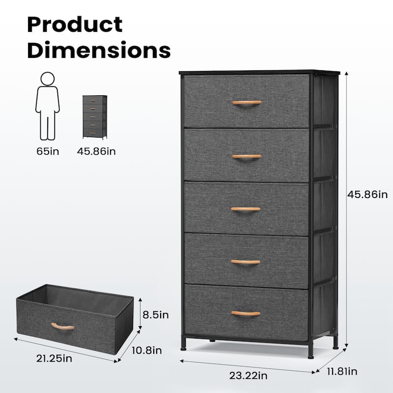 Pellebant Fabric Vertical Dresser Storage Chest Tower with 5 Drawers