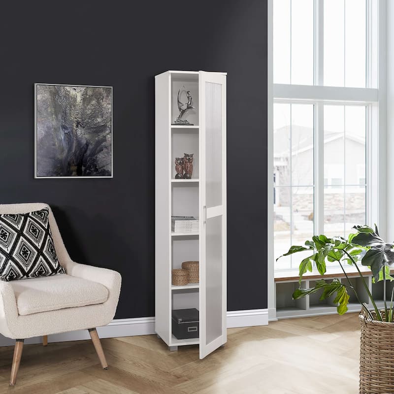 Tall Curio Storage Cabinet with Doors - 5 Storage Shelving & 1 Glass Door, White - White