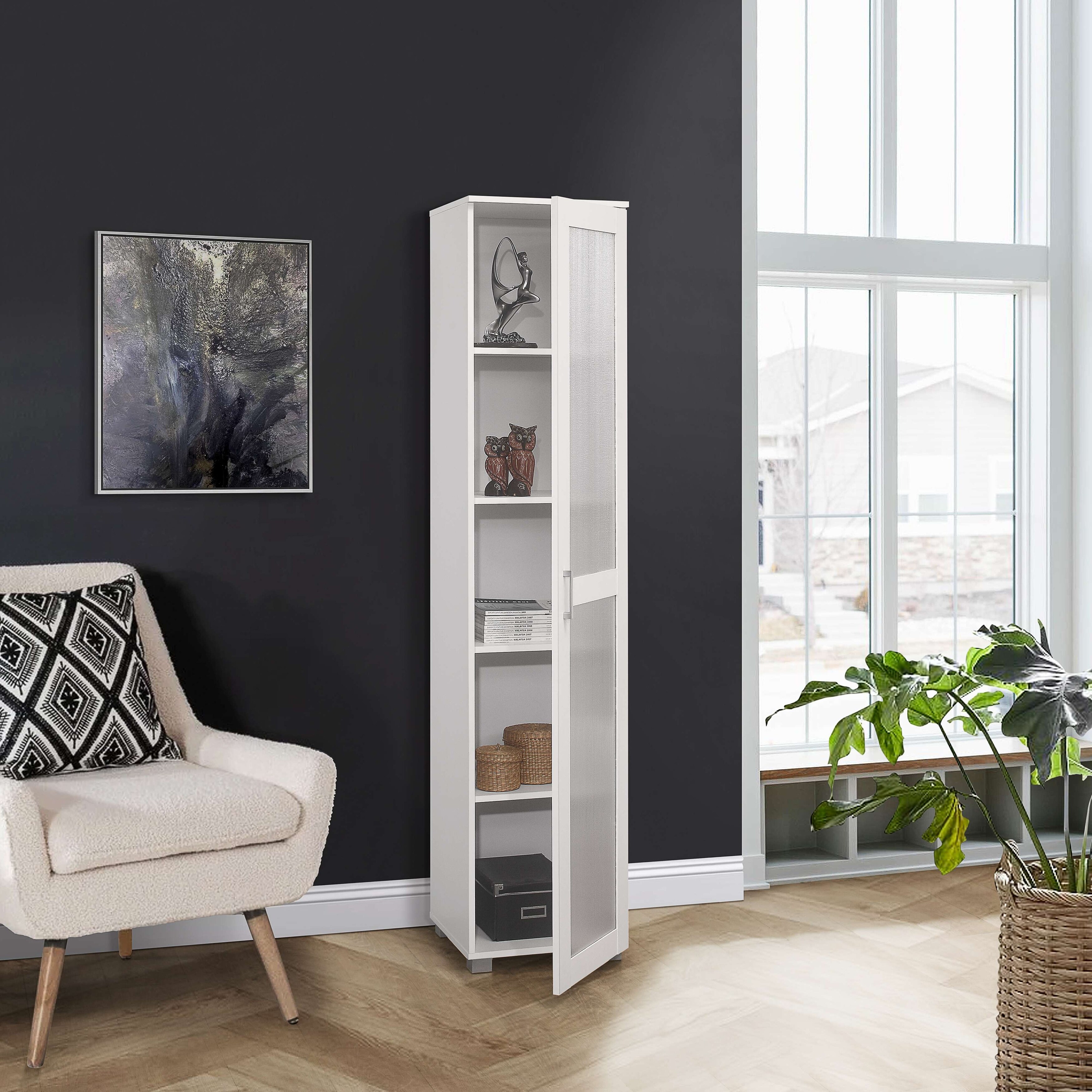 Tall Curio Storage Cabinet with Doors 5 Storage Shelving 1 Glass Door White