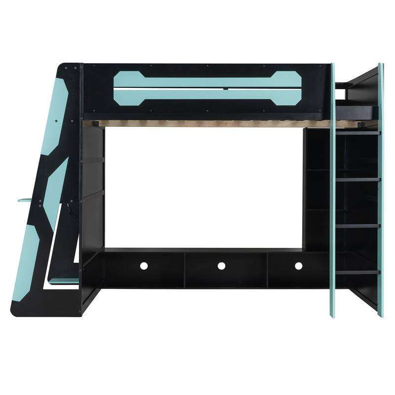 Full Size Gaming Loft Bed with RGB Light & Desk, Wood Bed Frame w/Multi-Storage Shelves and Guardrail, Under-Bed Console Storage