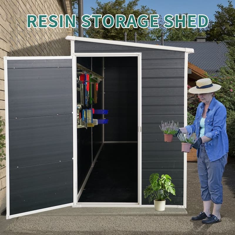 8 x 4 FT Outdoor Resin Garden Shed with Floor and 2 Windows and Lockable Door