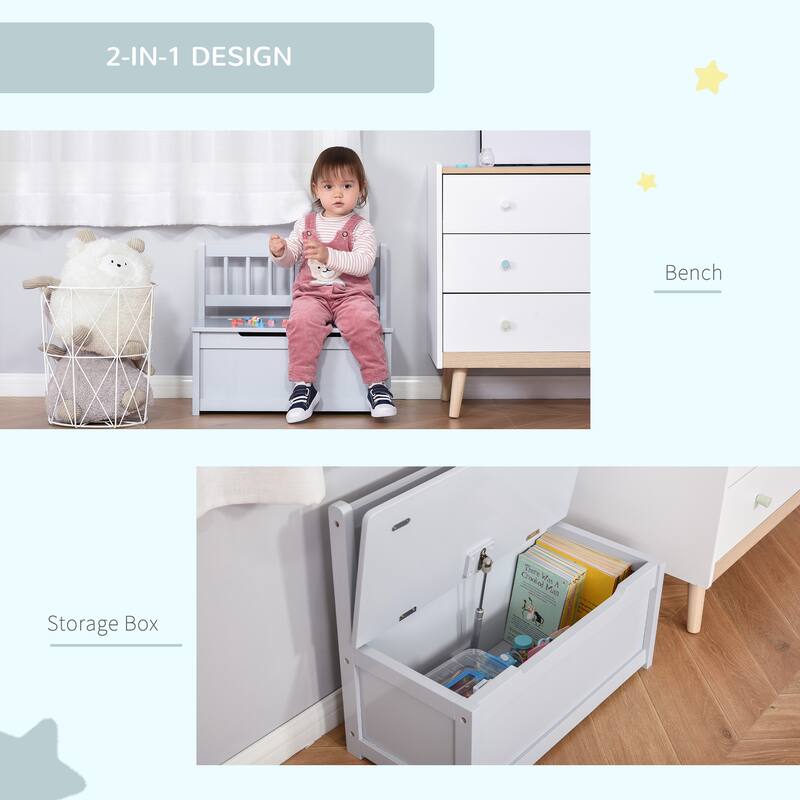 Qaba 2-IN-1 Wooden Toy Box Kids Seat Bench Storage Chest Cabinet Chunk Cube with Safety Pneumatic Rod