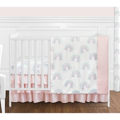 Pastel Rainbow Collection Girl 4-piece Nursery Crib Bedding Set - Blush Pink, Purple, Teal, Blue and White