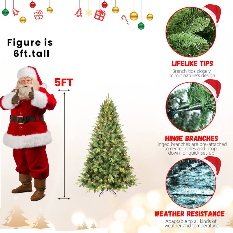5FT Pre-Lit Christmas Tree with 300 UL Warm White Lights - Classic Green Tree with 967 PE+PVC Tips, Hinged Branches,Metal Stand