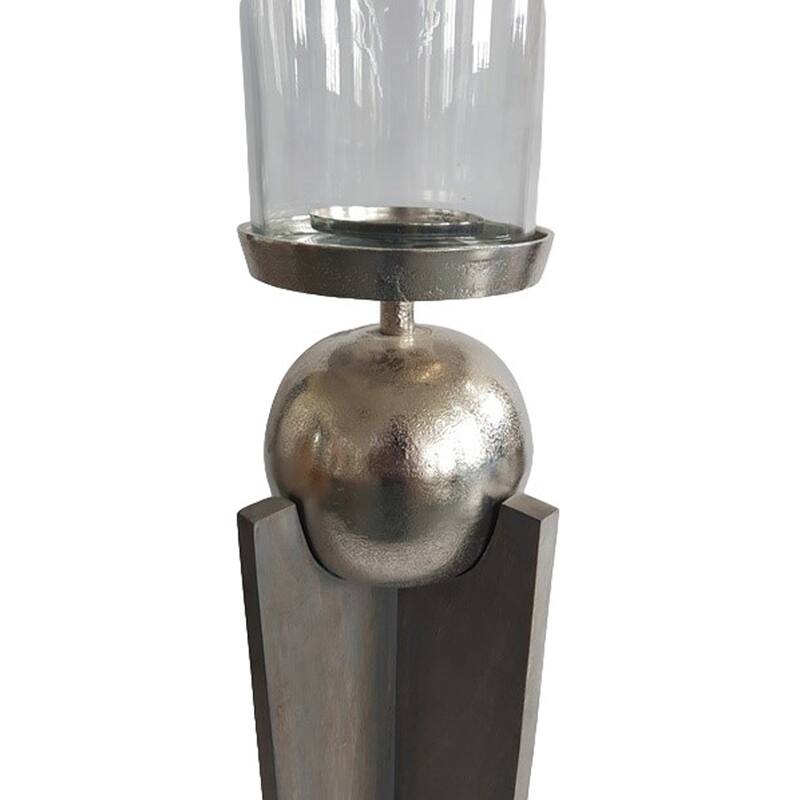 Candle Holder - Gray Wood Pillar with Metal Sphere