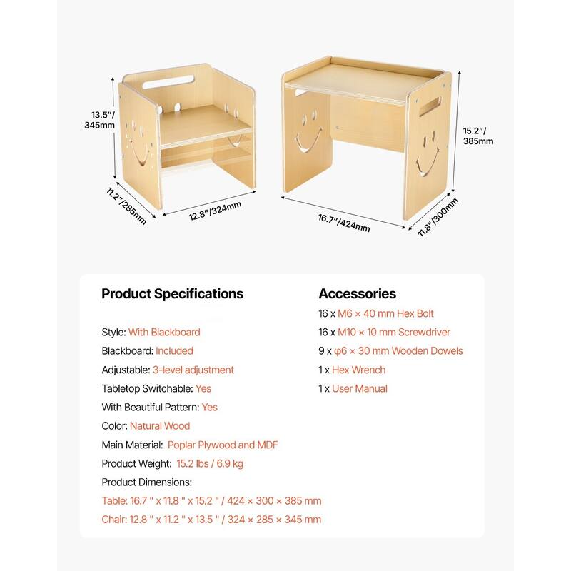 Natural Wood Poplar Montessori Table Set with Chalkboard & Adjustable Height - 16.7 x 11.8 x 15.2 in