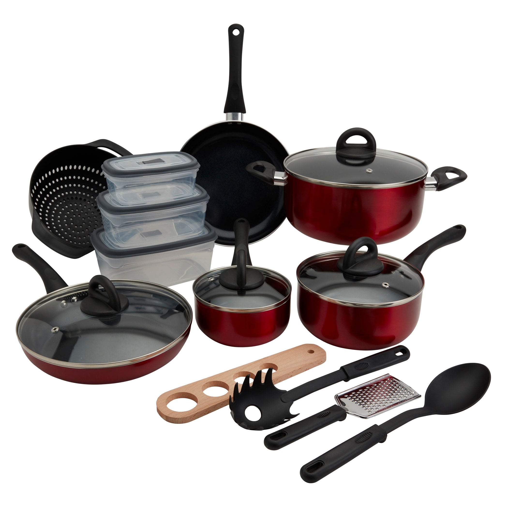 Basic Essentials 20-Piece Nonstick Aluminum Cookware Set with Strainer, Pasta Utensils, and Storage Containers, Red