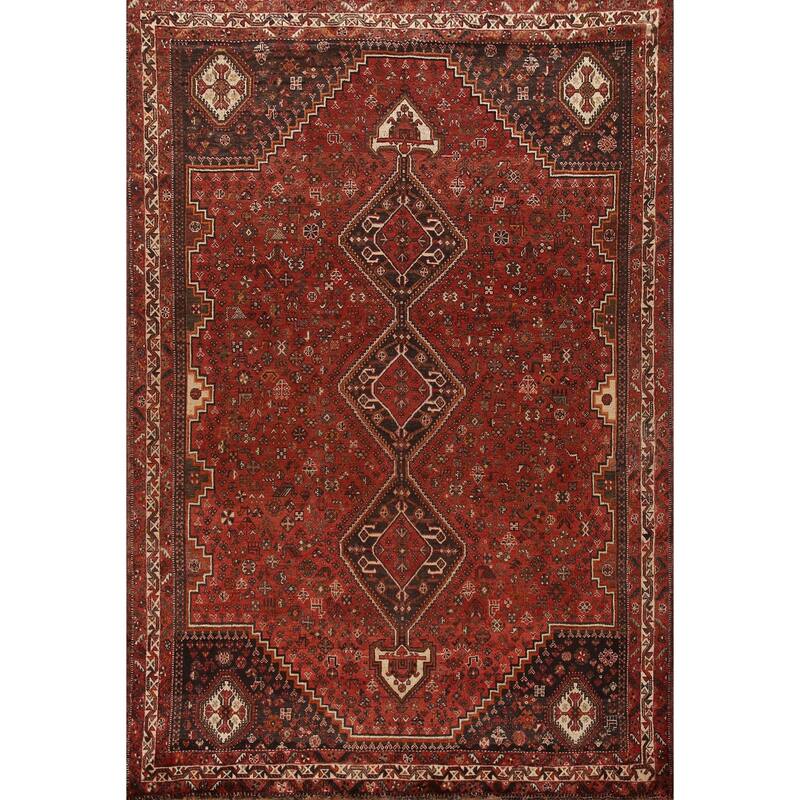 Tribal Geometric Shiraz Persian Vintage Rug Handmade Red Wool Carpet - 7'8"x 10'8"