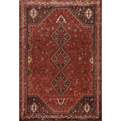 Tribal Geometric Shiraz Persian Vintage Rug Handmade Red Wool Carpet - 7'8"x 10'8"