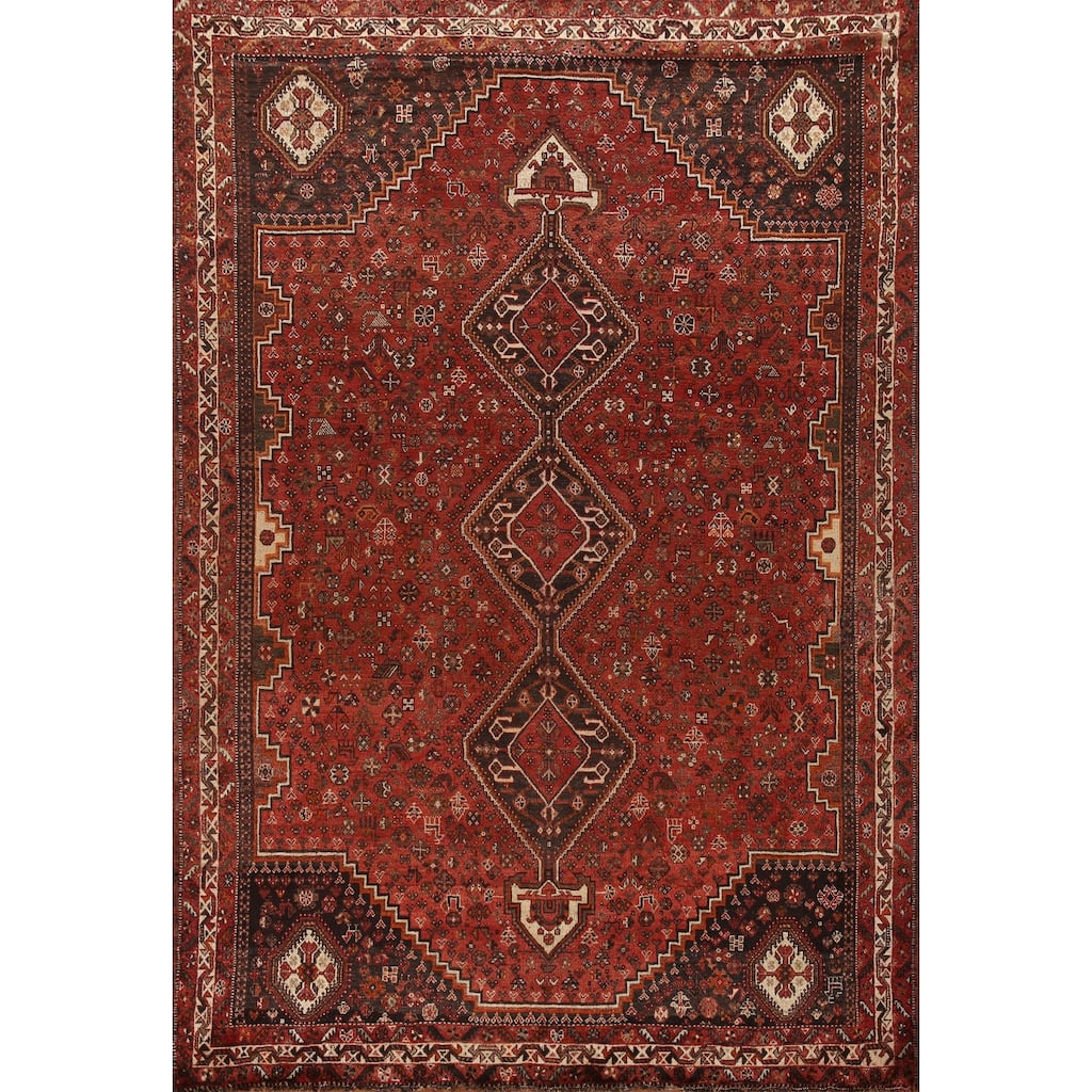Tribal Geometric Shiraz Persian Vintage Rug Handmade Red Wool Carpet - 7'8"x 10'8"