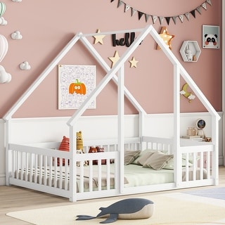 White Full Size Pine Wood House-Shaped Floor Bed with Fence, Guardrails and Roof for Bedroom