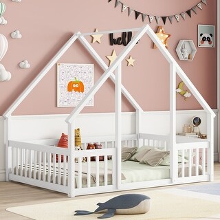 White Full Size Pine Wood House-Shaped Floor Bed with Fence and Roof