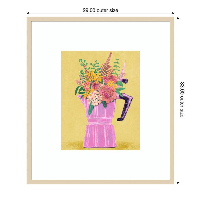 Espresso Maker with Flowers by Raissa Oltmanns Wood Framed Wall Art Print - 29 x 33 in