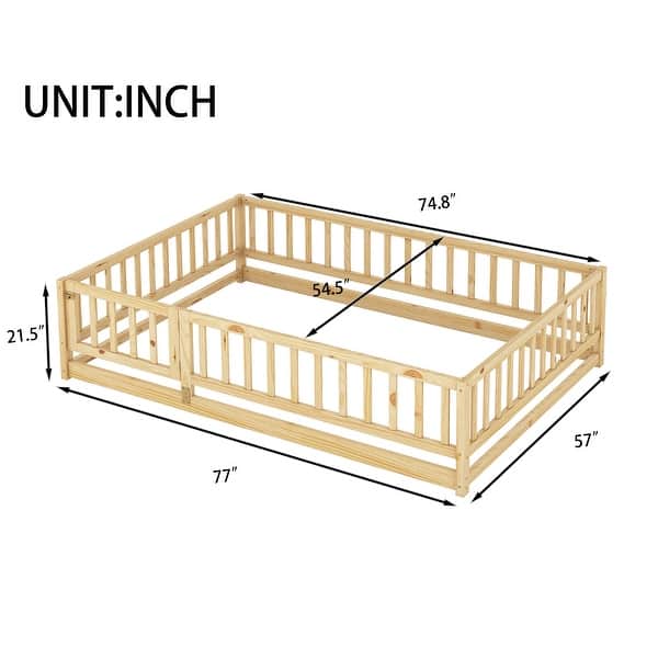 dimension image slide 0 of 2, Full Size Floor Bed, Montessori Floor Bed with Fence and Door, Kids Montessori Bed Full Size