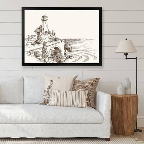 Designart 'Watch Tower By The Sea Shore In Black And White' Nautical & Coastal Framed Art Print