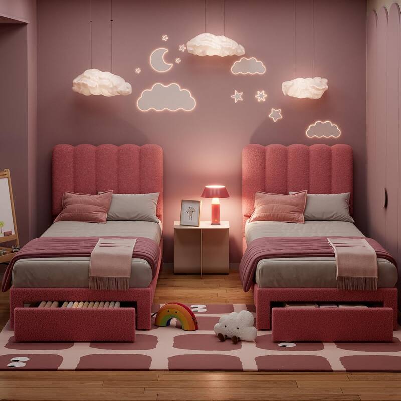 Twin Velvet Upholstered Platform Bed Frame with Wave Headboard & Drawer, No Box Spring Needed, Wood Slats, Noiseless