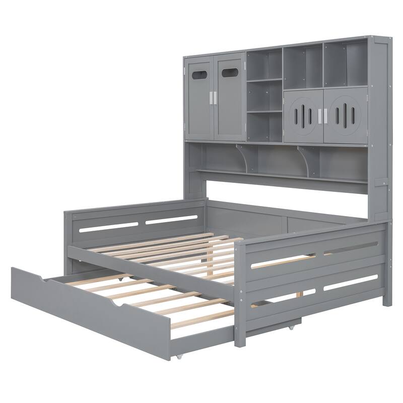 Full Size Wood Daybed with Built-in Storage Cabinet, Open Shelves & Twin Trundle Bed, Space-Saving Multi-Functional Frame