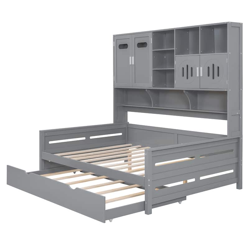 Full Size Wooden Daybed with Twin Trundle, Storage Cabinet & Shelves, Gray