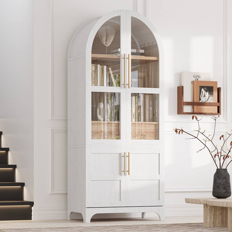 Farmhouse Arched Pantry Cabinet - 71" Tall Kitchen Storage with Adjustable Shelves, Glass Door & Hidden Drawer