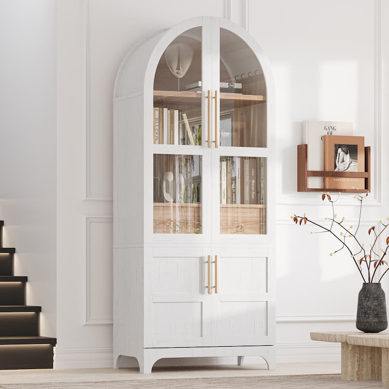 Kitchen Pantry Cabinet with Door Shelves, Storage Cabinet with Open & Adjustable Shelves, Hidden Drawer & Glass Door - White