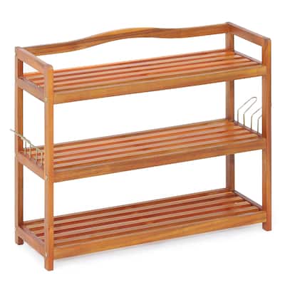 Costway 3-Tier Wood Shoe Rack Solid Acacia Wood Shoe Shelf with Side