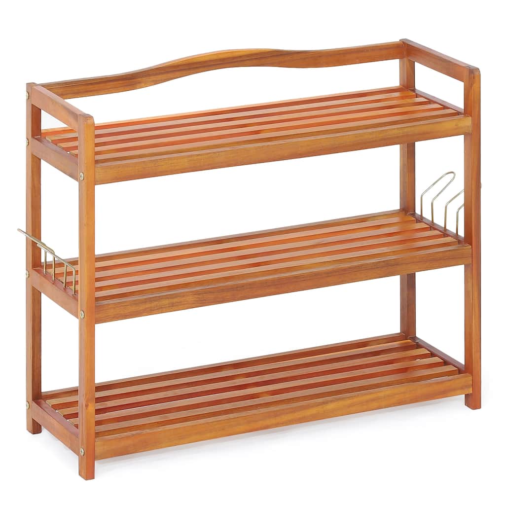 Costway 3-Tier Wood Shoe Rack Solid Acacia Wood Shoe Shelf with Side