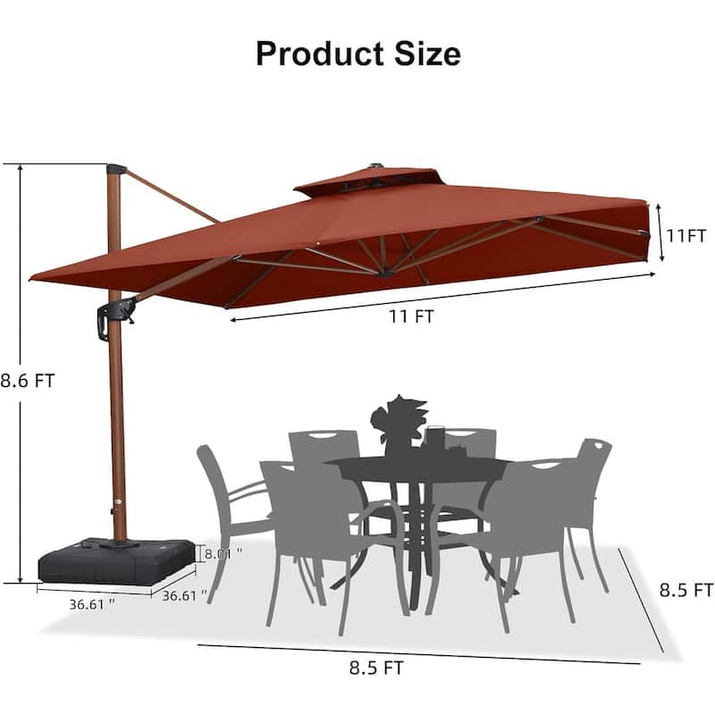 PURPLE LEAF 11ft Square Wood Pattern Patio Cantilever Umbrella with Base