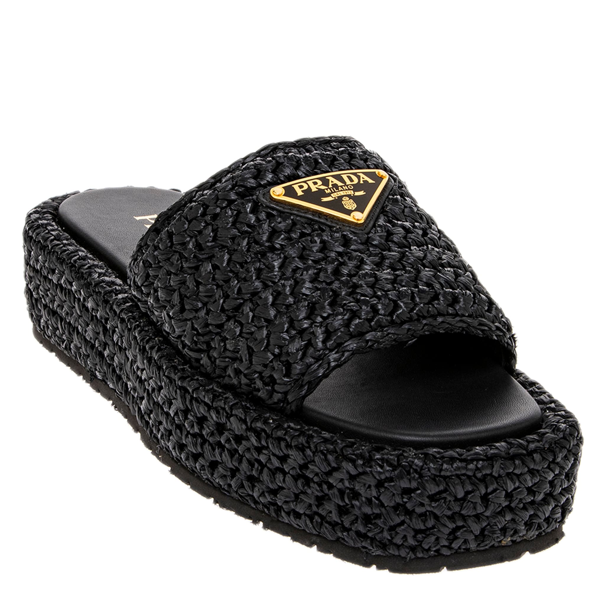 Prada Raffia Crochet Platform Slides