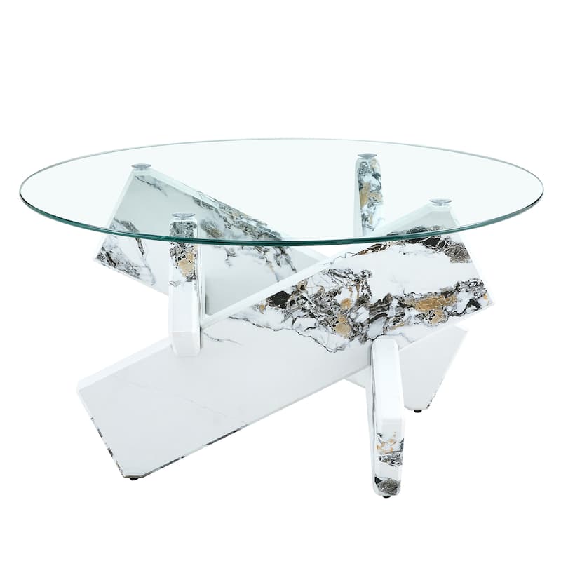 Roomfitters Round Glass Coffee Table with White Patterned MDF Legs, 33.4" Modern Accent Table for Living Room