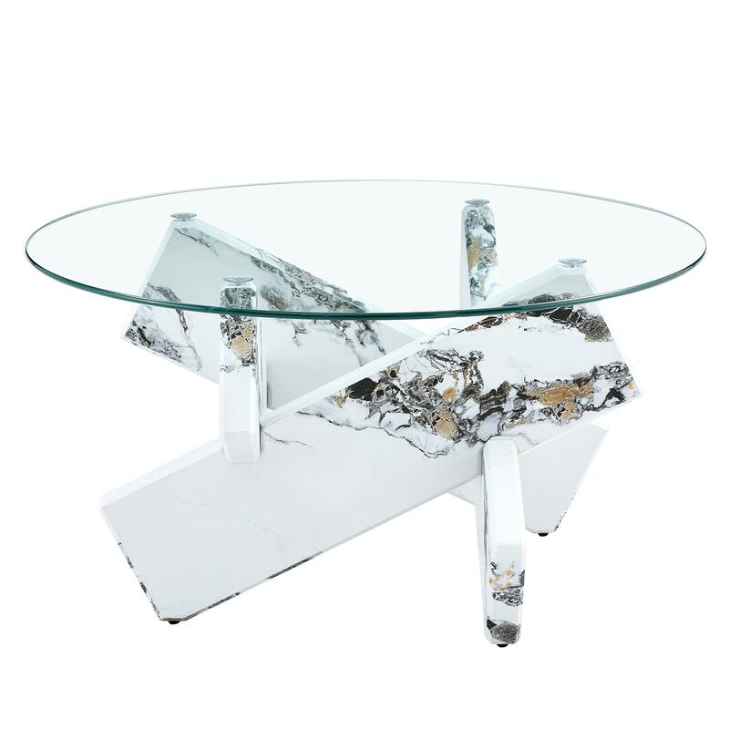 Round Glass Coffee Table, 33.4" Modern Side Table with Spliced ​​Table Legs Center Table for Living Room, Bedroom