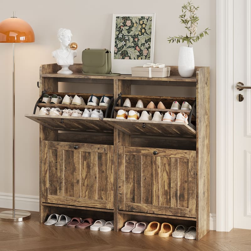 Shoe Cabinet with Flip Drawers, Slim Shoe Storage Cabinet for Entryway, Freestanding Narrow Rack with Open Storage - Retro - 4 Flip Drawer