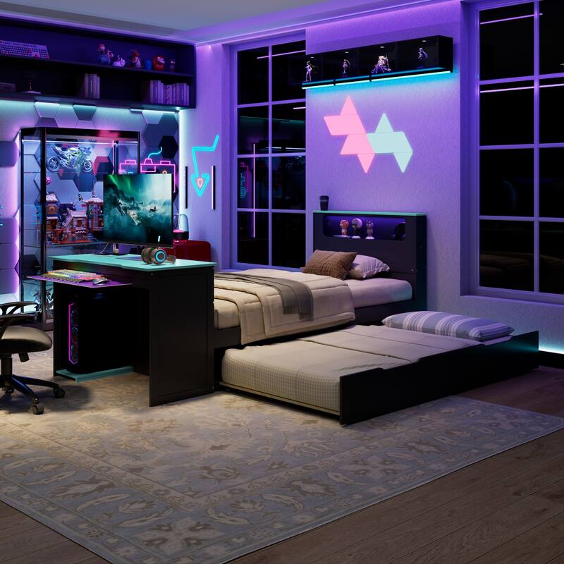 Wood Daybed with Trundle & Built-in Desk, LED Lights & USB Charging Port, Available in Full or Twin