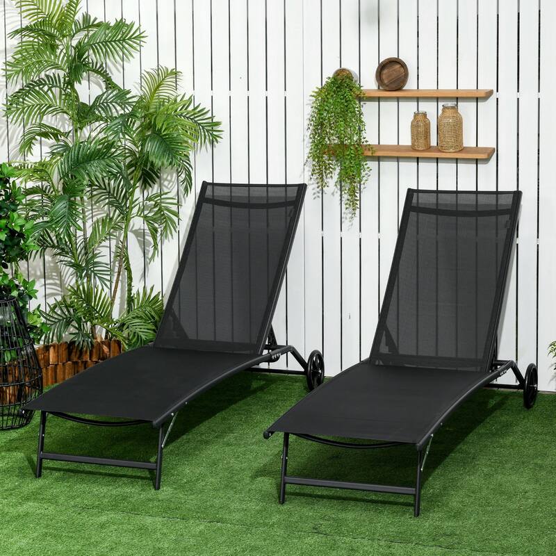Outsunny Patio Chaise Lounge Chair Set of 2, 2 Piece Outdoor Recliner with Wheels, 5 Level Adjustable Backrest