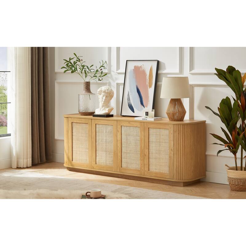 64" Sideboard Buffet Rattan Cabinet, with Adjustable Shelves, Wooden vertical striped Storage Cabinet TV Stand with 4 Door
