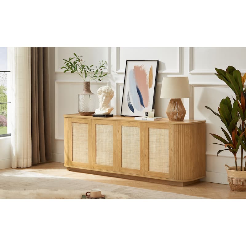 64-inch wave shaped TV stand, rounded corner sideboard, storage cabinet, buffet, wood vertical striped cabinet with rattan doors