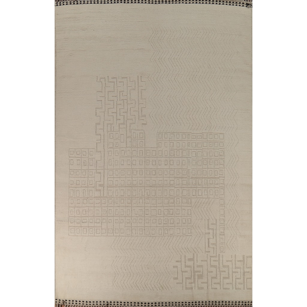 All-Over Ivory Moroccan Oriental Large Rug Hand-Knotted Wool Carpet - 10'5"x 14'9"