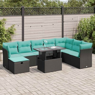 vidaXL Patio Sofa Set with Cushions and Table Outdoor Garden 9 Piece Poly Rattan - 24.4" x 24.4" x 27.2"