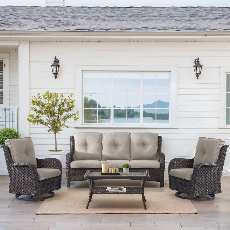 Outdoor Swivel Chairs with Sofa Coffee Table - Brown - Beige