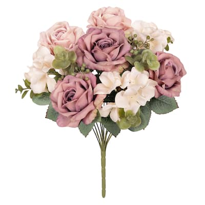 Set of 2 Dusty Mauve Artificial Mixed Rose Hydrangea Flower Stem Bush Bouquet 19in - 19" L x 12" W x 12" DP