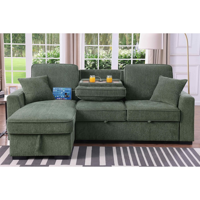 Chenille Reversible Sectional Sofa Convertible Pull Out Couch Bed