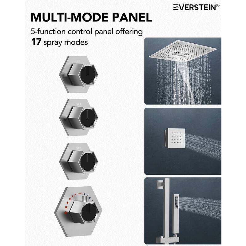 Shower Faucet System 16" Ceiling Mount Shower Head 3 Spray Modes Body Jets Handheld Spray with Slide Bar LED Music