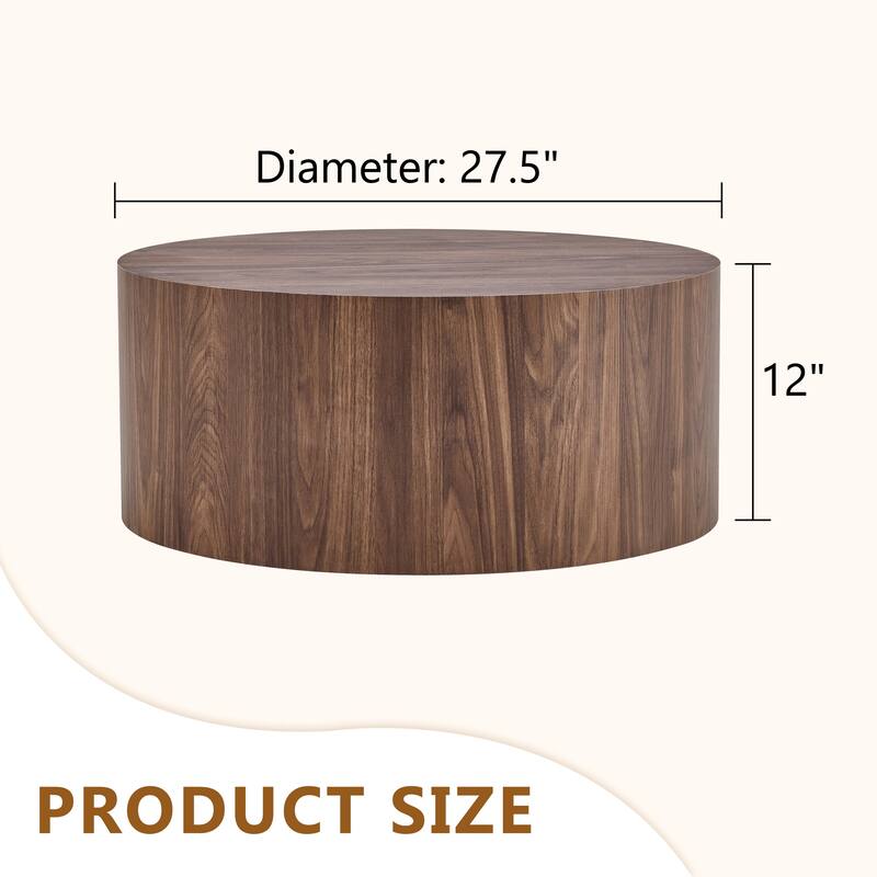 Round Wood Coffee Table 27.5" Solid Drum Side Table for Living Room, Modern Cylinder Cocktail Table for Home Office